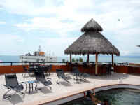 building rooftop area with palapa, pool and view